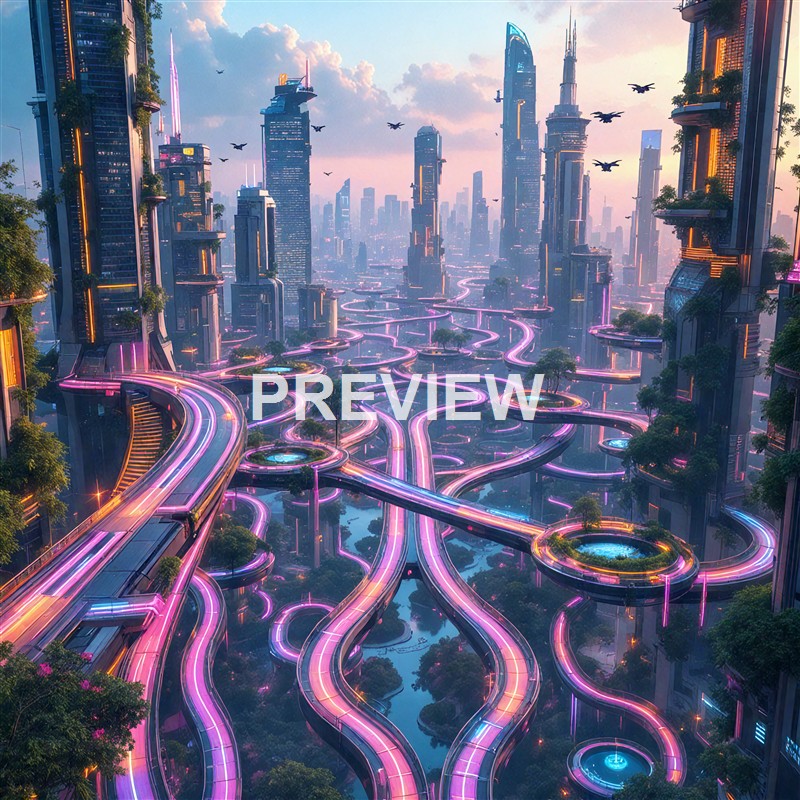 A futuristic cityscape with towering skyscrapers, glowing pink and purple winding roads, and flying vehicles against a backdrop of clouds at sunset or sunrise.